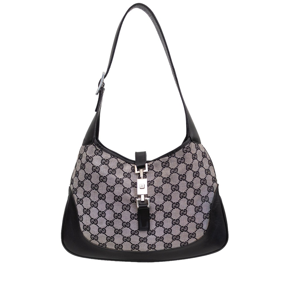 Vintage Gucci Jackie O Hobo Bag GG Monogram Canvas Black Leather 001 3306